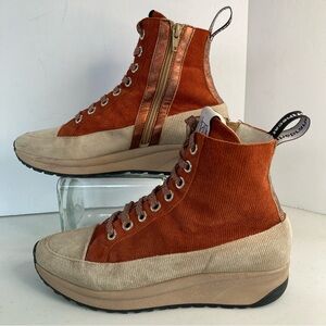 Vaddia Leather Charlie Sneakers Corduroy Side Zip Sz 40/9.5 US Orange Tan HTF